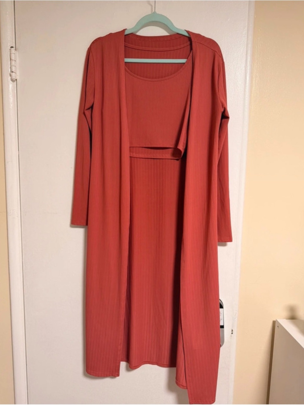 3 pieces Women's Coral Ribbed Long Dress with Duster Cardigan